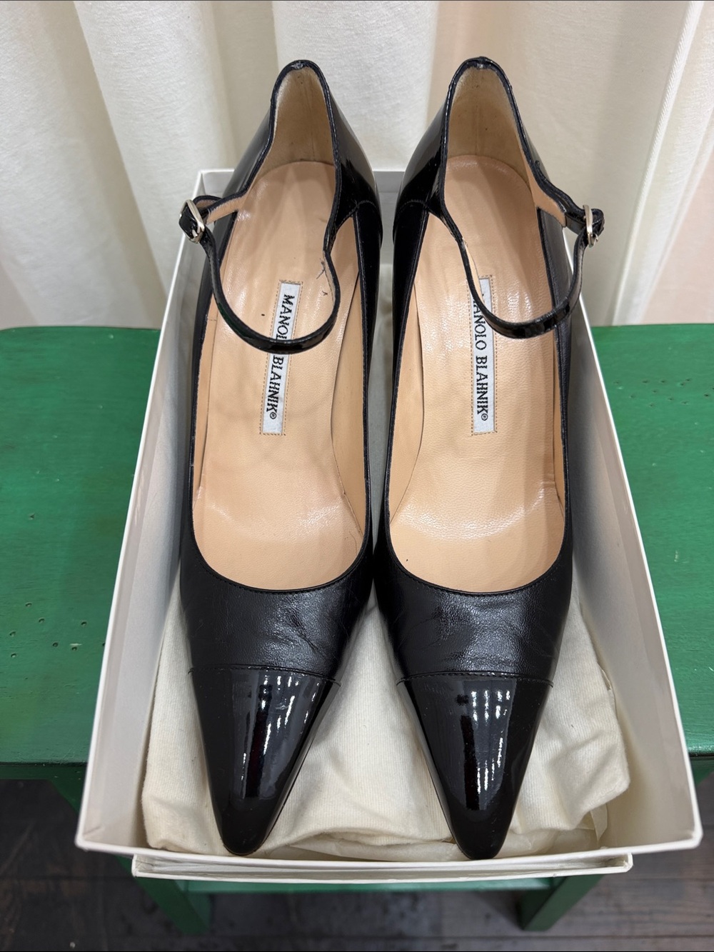 Manolo Blahnik Black Patent Toe Mary Jane Pumps